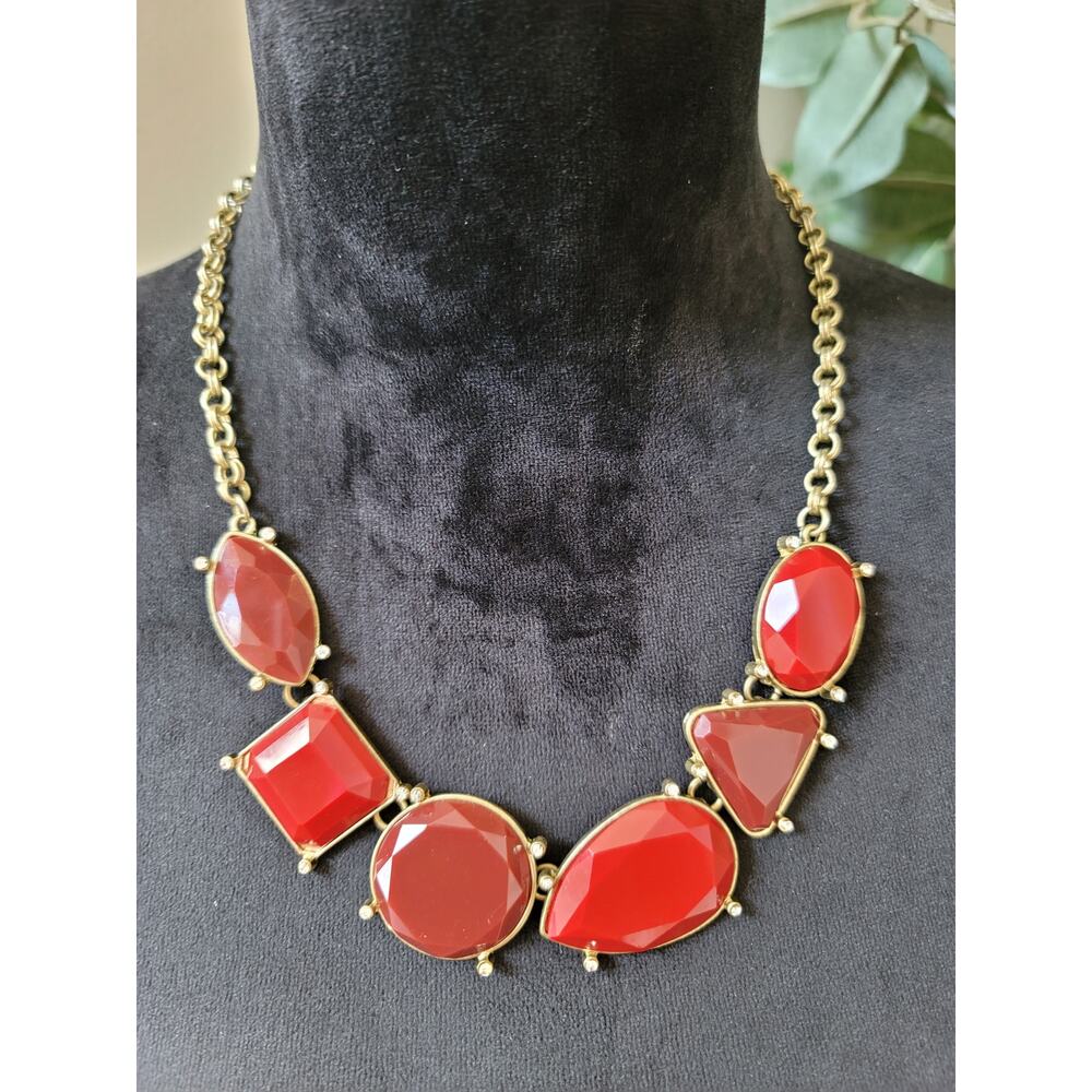 Women's Red Gemstone Statement Necklace With Gold Chain And Lobster Clasp Lock
